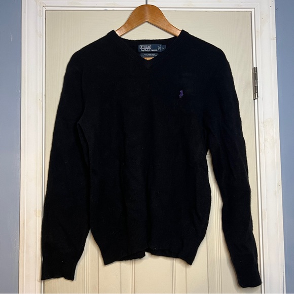 Polo Ralph Lauren V Neck Sweater 100% Lambs Wool Pullover Black Men's Size L - Picture 1 of 4